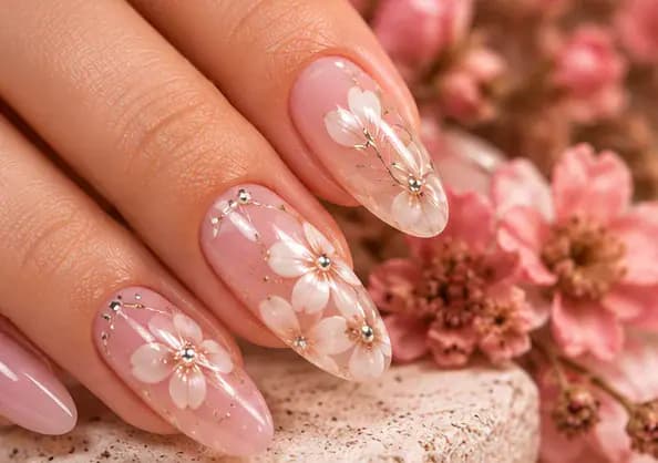 Illustrative study of almond nails with white blossoms, gold lines, and small gems. Not work from this parlor.